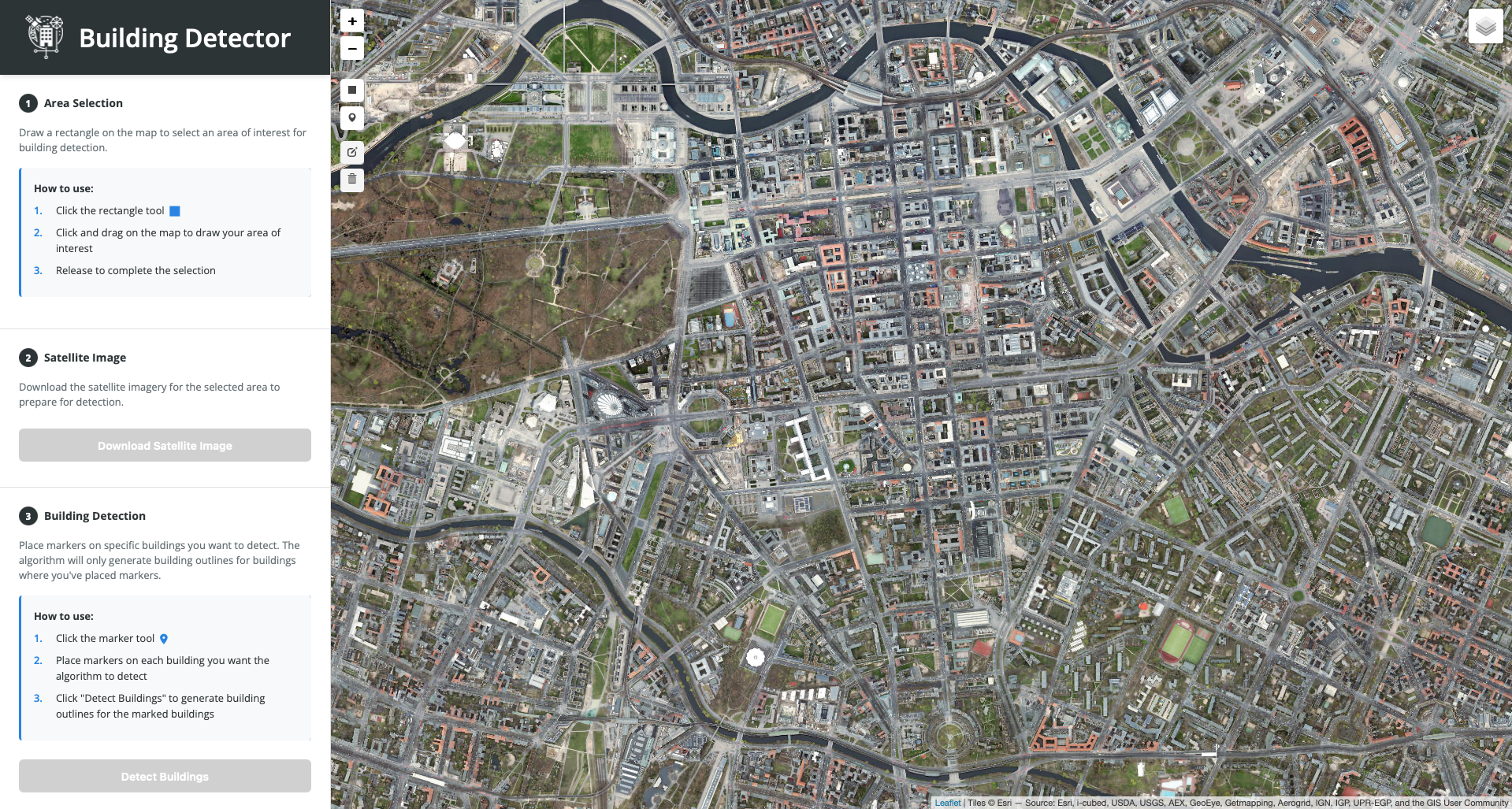 building-detector web interface with detected footprints